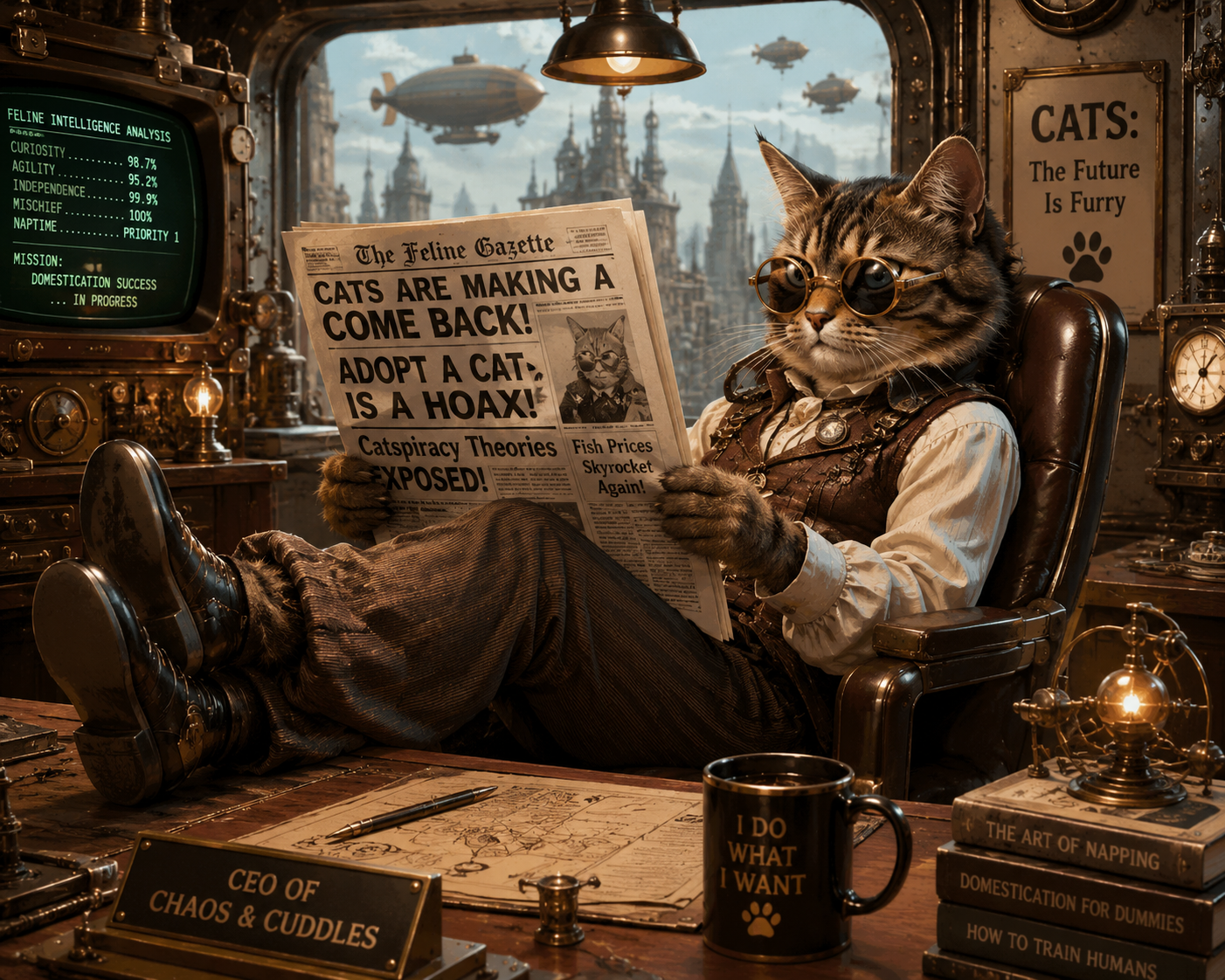 A cat in a coat and hat reading a newspaper — intelligence before the watch begins